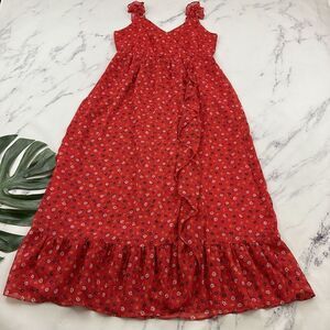 Madewell Ruffle Strap Wrap Dress Size 8 Red Metallic Floral Midi Prairie Posies